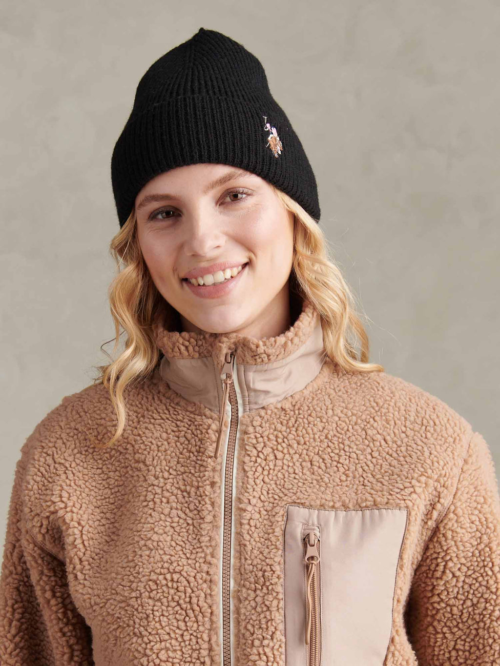 Womens Multicolour Double Horsemen Knit Beanie in Black