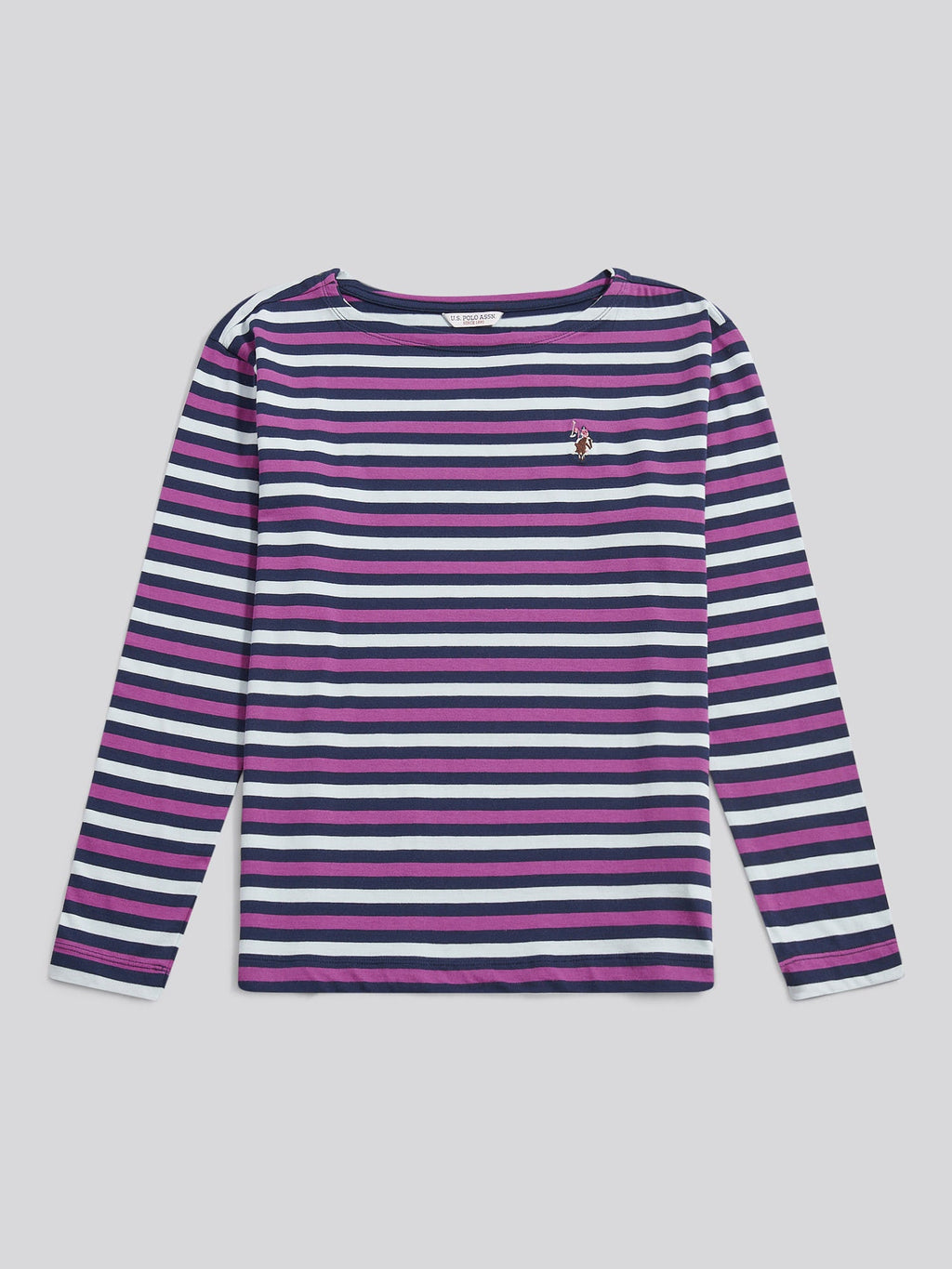 Womens Multicolour Stripe Long Sleeve Boatneck T-Shirt in Navy Iris