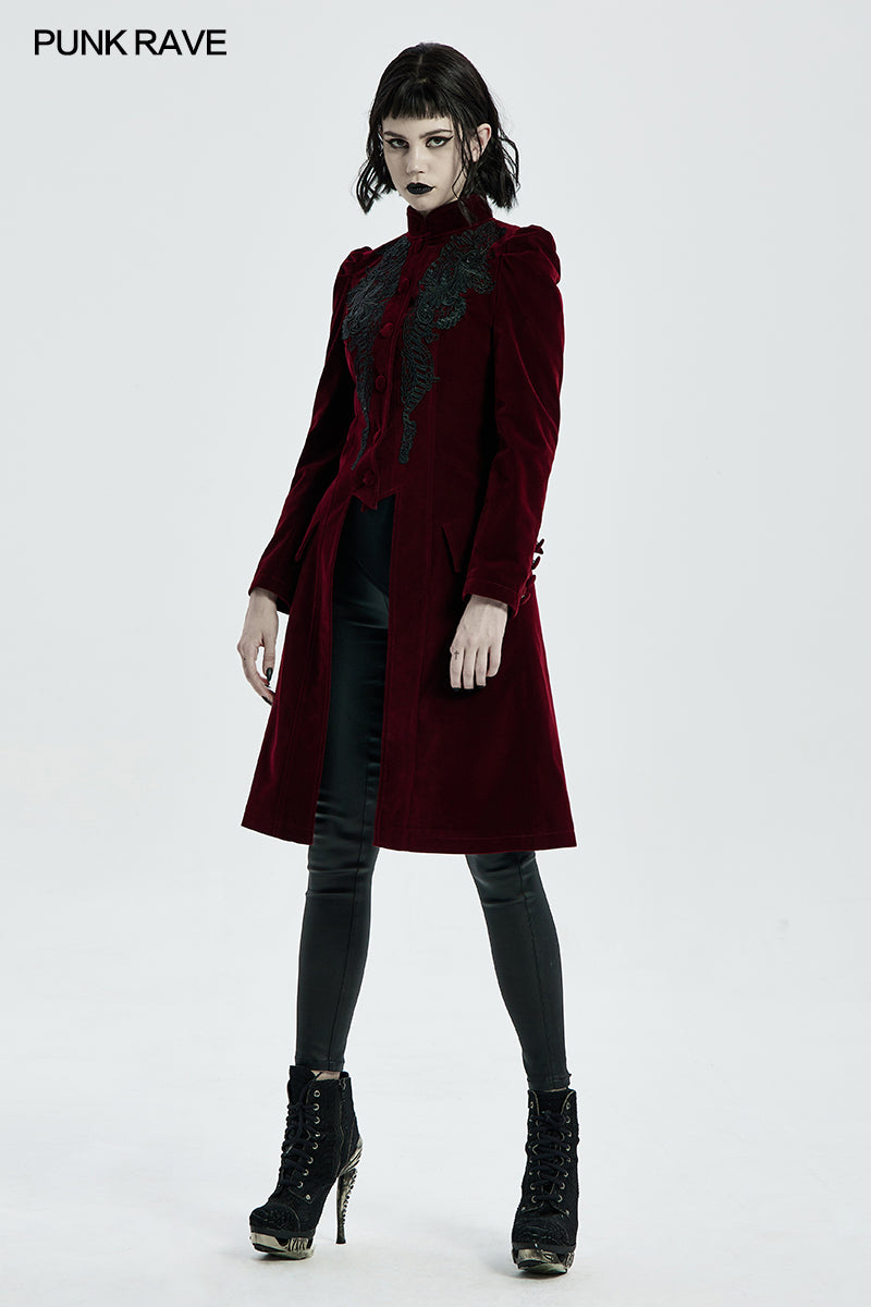 Punk Rave Nerezza Red Goth Velvet Coat – Embroidered Mid-Length