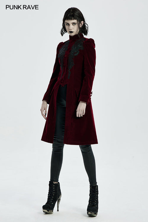 Punk Rave Nerezza Red Goth Velvet Coat – Embroidered Mid-Length