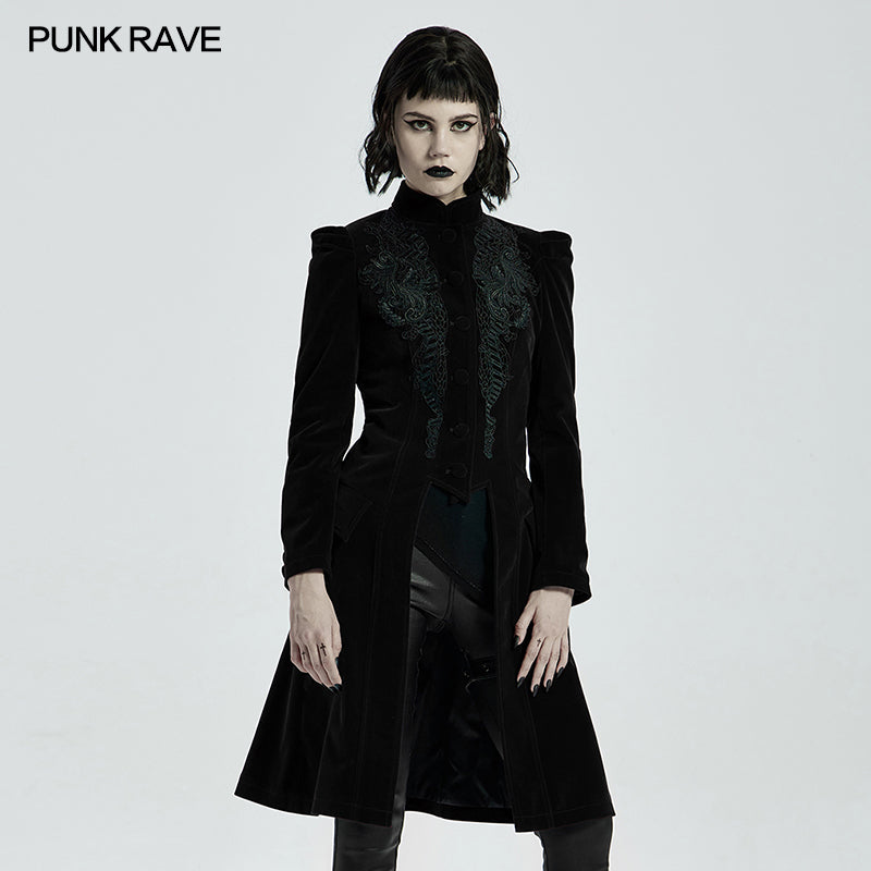 Punk Rave Nerezza Goth Embroidered Velvet Mid-Length Coat