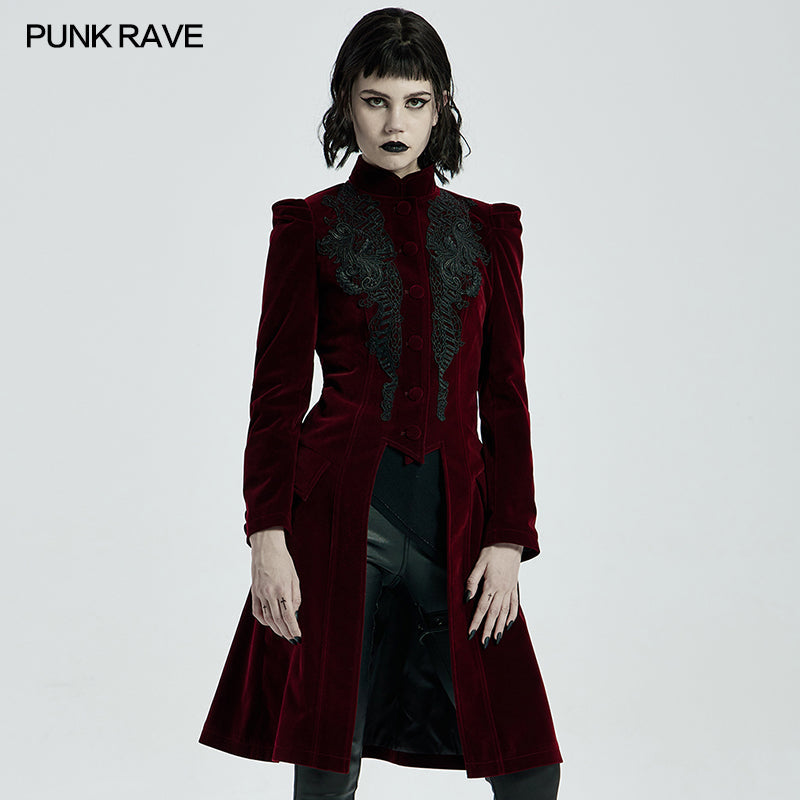 Punk Rave Nerezza Red Goth Velvet Coat – Embroidered Mid-Length