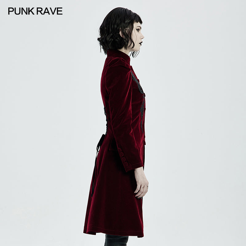 Punk Rave Nerezza Red Goth Velvet Coat – Embroidered Mid-Length