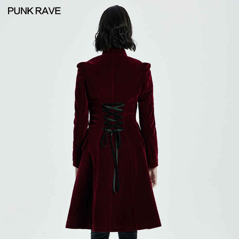 Punk Rave Nerezza Red Goth Velvet Coat – Embroidered Mid-Length