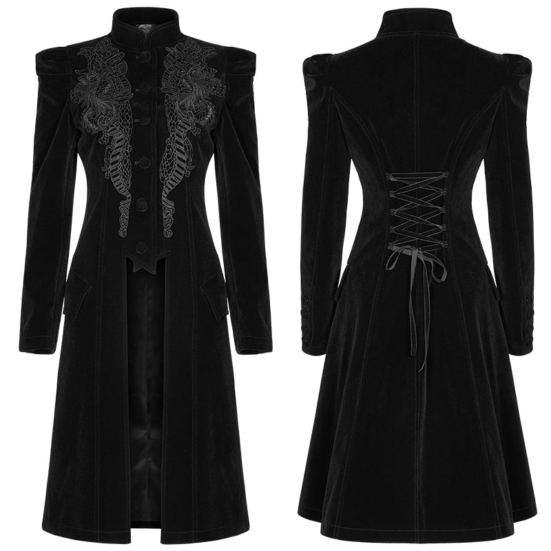 Punk Rave Nerezza Goth Embroidered Velvet Mid-Length Coat