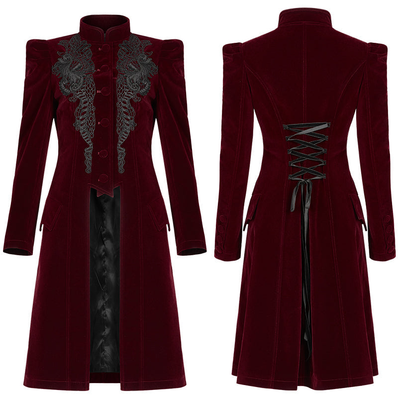 Punk Rave Nerezza Red Goth Velvet Coat – Embroidered Mid-Length