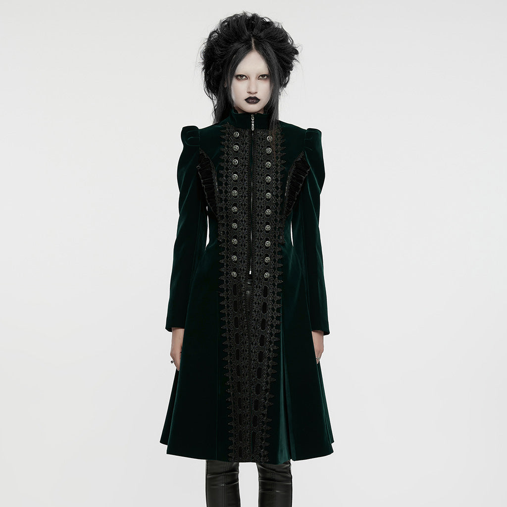 Punk Rave Aviara Dark Green Velvet Gothic Coat with Lace Detail