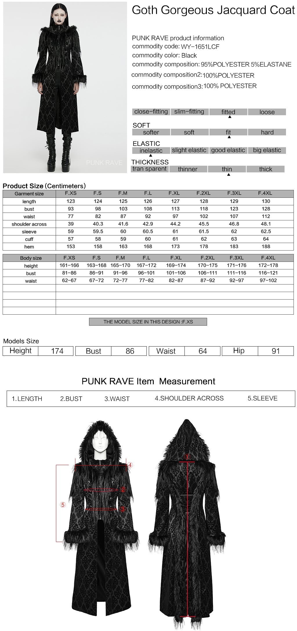 Punk Rave Morrigan Goth Jacquard Coat – Black Faux Fur Hooded Jacket