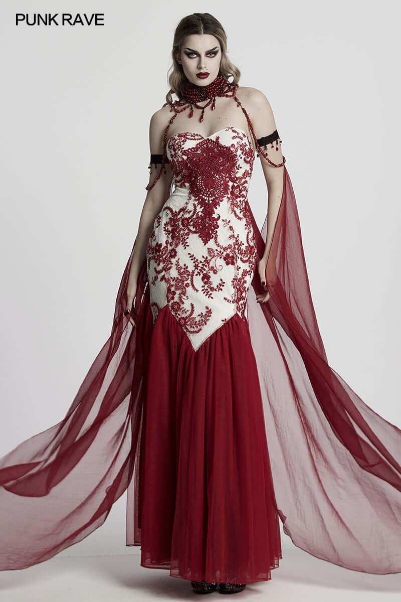 Punk Rave Dark Night Vampire Cloak – Red Chiffon & Crystal Necklace Set