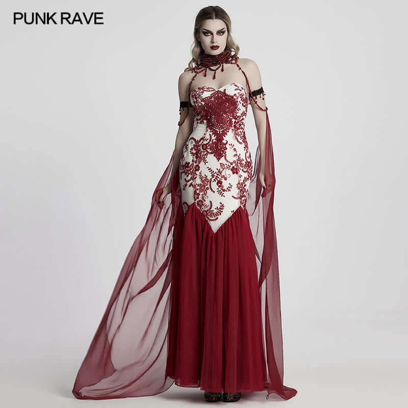 Punk Rave Dark Night Vampire Cloak – Red Chiffon & Crystal Necklace Set