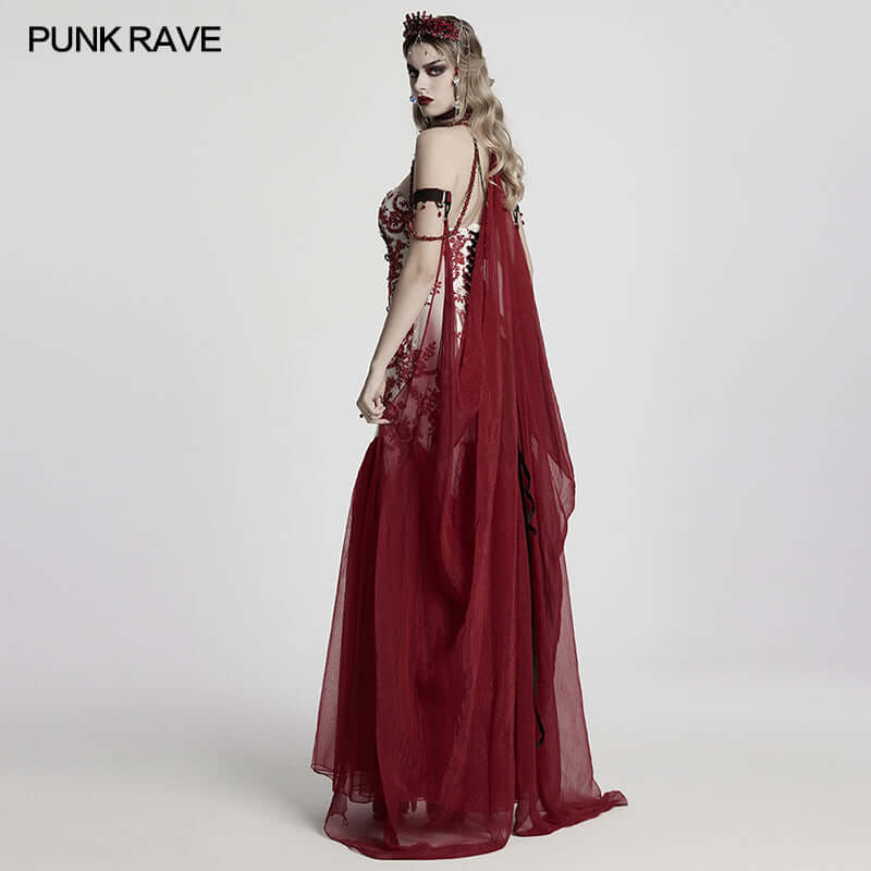 Punk Rave Dark Night Vampire Cloak – Red Chiffon & Crystal Necklace Set