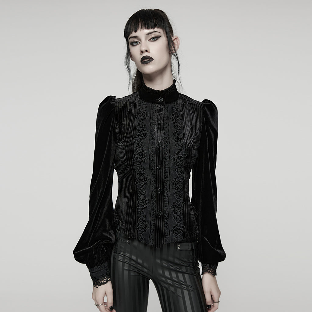 Punk Rave Daily Goth Shirt – Black Velvet Victorian Lace Blouse
