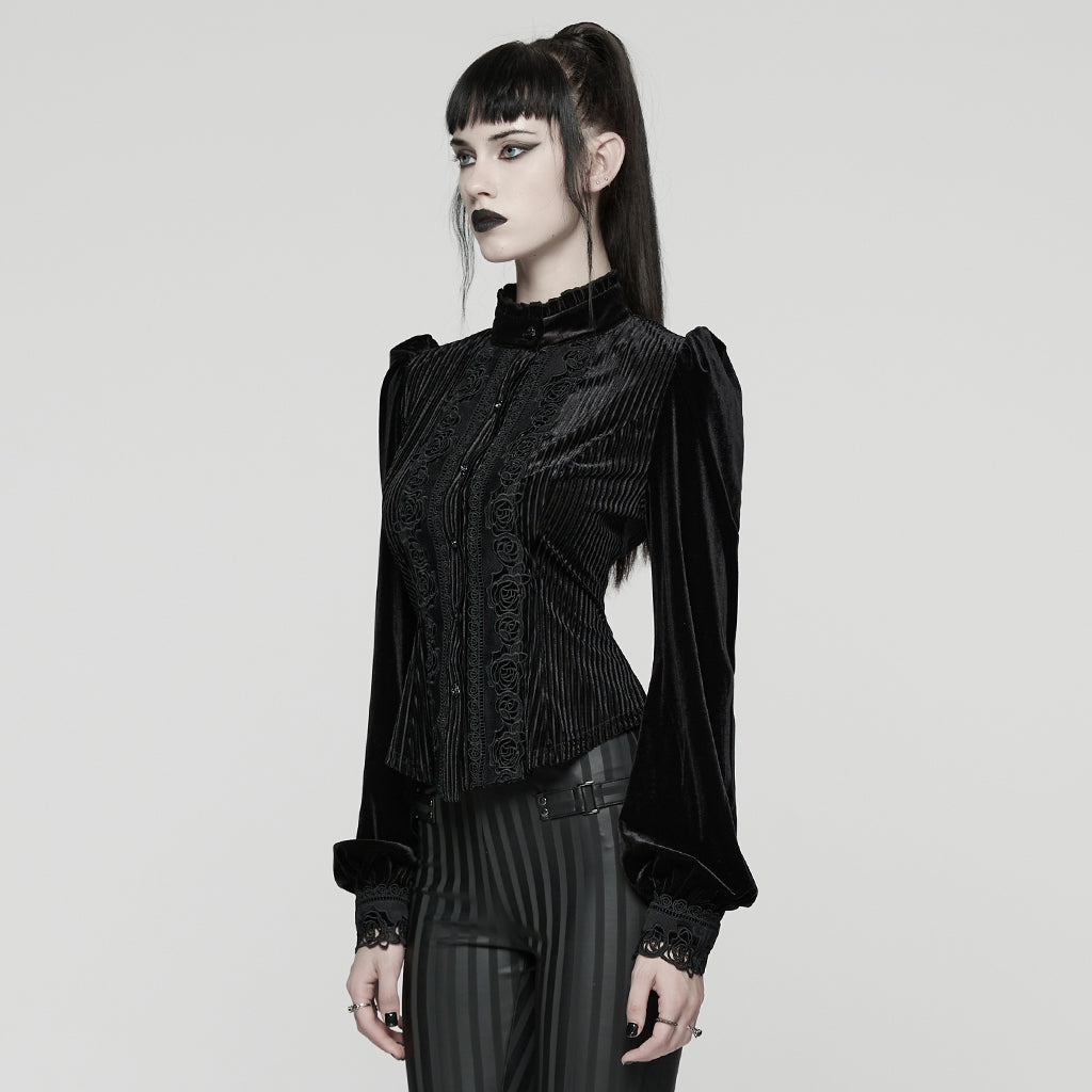 Punk Rave Daily Goth Shirt – Black Velvet Victorian Lace Blouse
