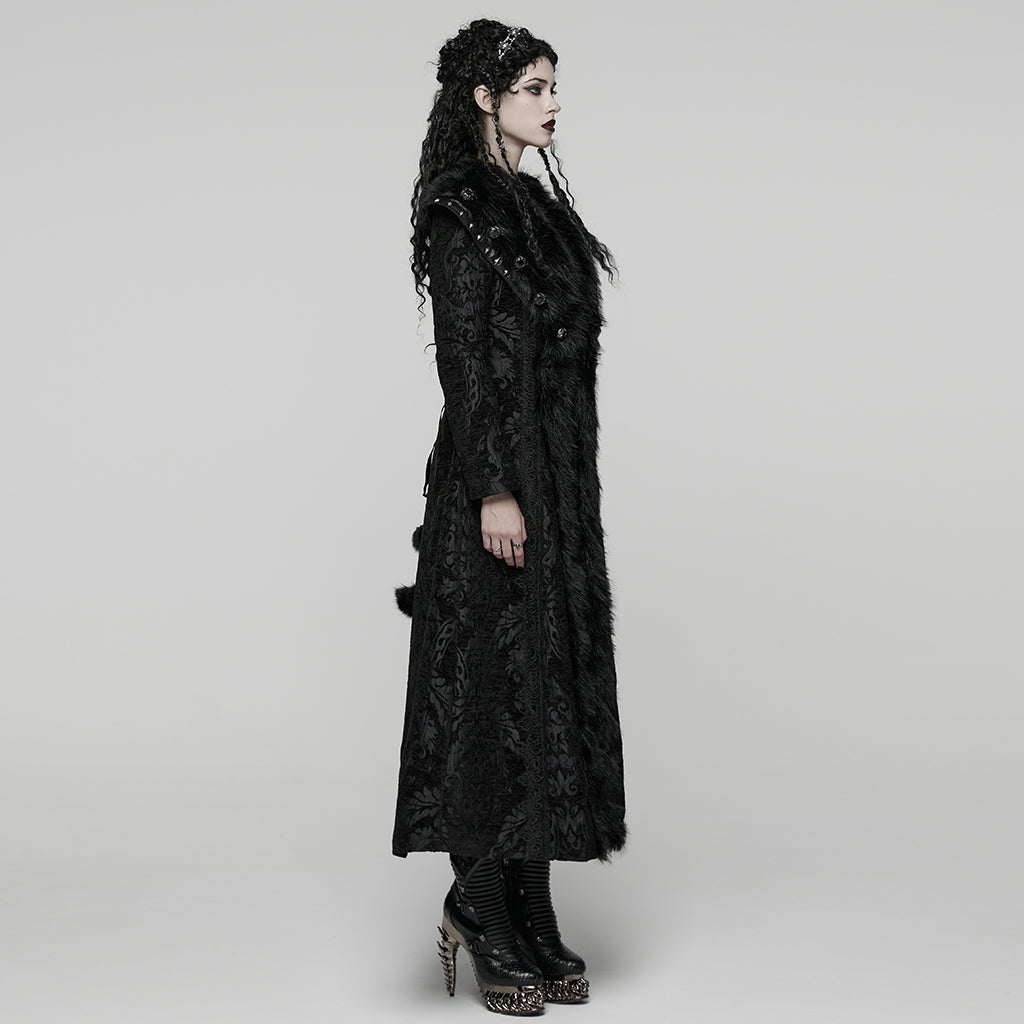 Punk Rave Goth Gorgeous Plush Coat – Black Faux Fur Jacquard