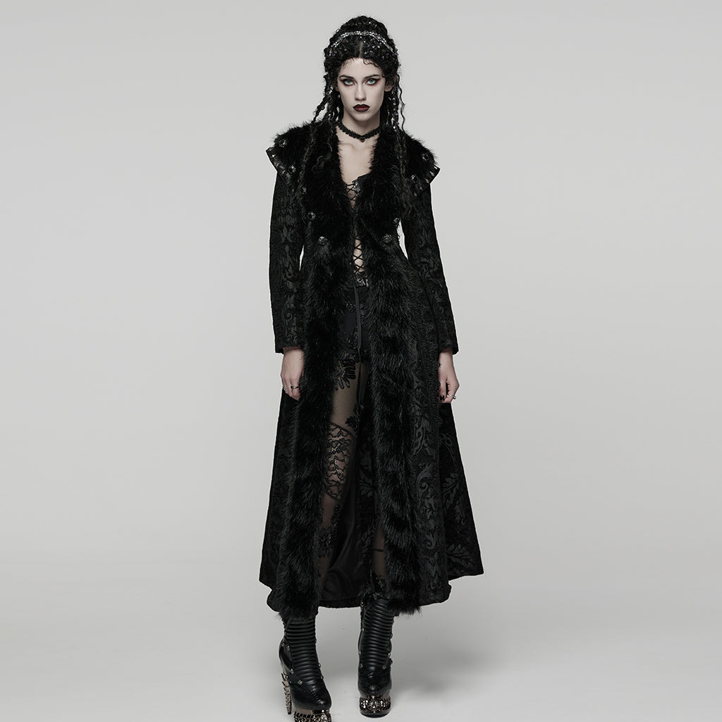 Punk Rave Goth Gorgeous Plush Coat – Black Faux Fur Jacquard