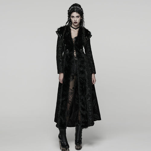 Punk Rave Goth Gorgeous Plush Coat – Black Faux Fur Jacquard