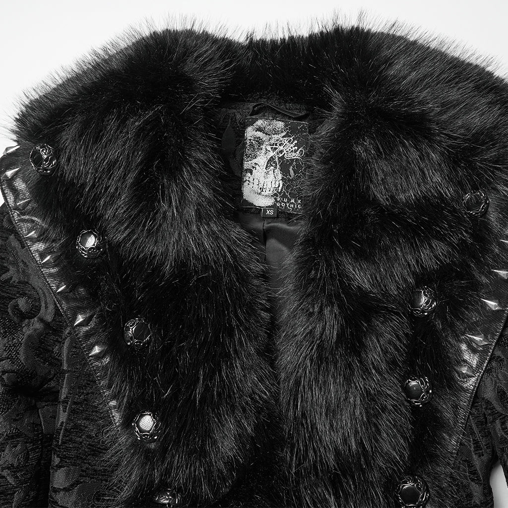Punk Rave Goth Gorgeous Plush Coat – Black Faux Fur Jacquard