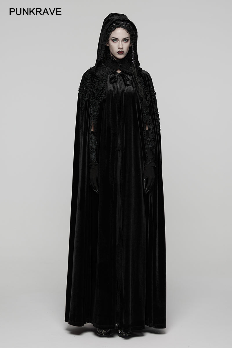 Punk Rave Goth Velvet Cloak – Black Hooded Full-Length Embroidered Cape