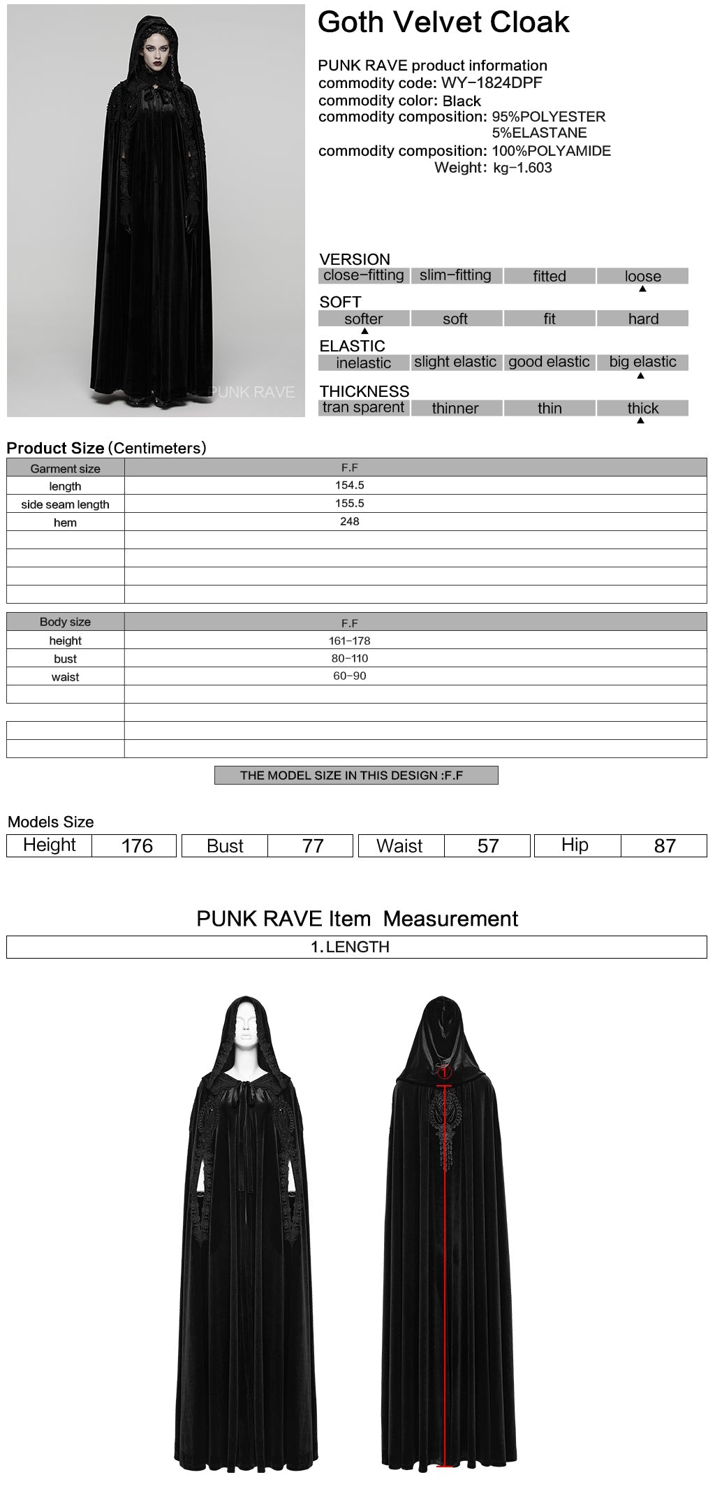 Punk Rave Goth Velvet Cloak – Black Hooded Full-Length Embroidered Cape