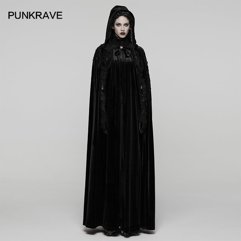 Punk Rave Goth Velvet Cloak – Black Hooded Full-Length Embroidered Cape