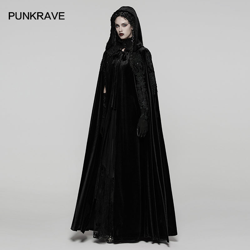 Punk Rave Goth Velvet Cloak – Black Hooded Full-Length Embroidered Cape