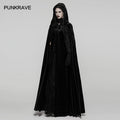 Punk Rave Goth Velvet Cloak – Black Hooded Full-Length Embroidered Cape
