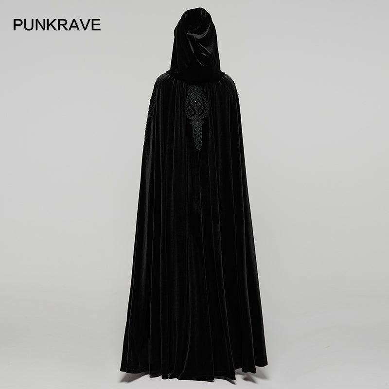 Punk Rave Goth Velvet Cloak – Black Hooded Full-Length Embroidered Cape