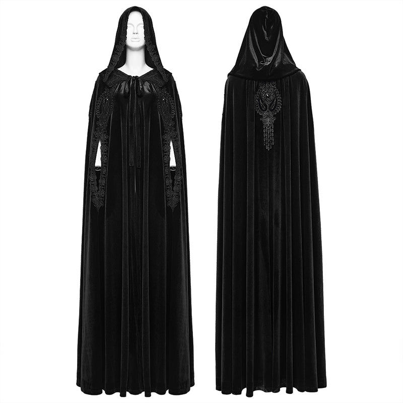 Punk Rave Goth Velvet Cloak – Black Hooded Full-Length Embroidered Cape
