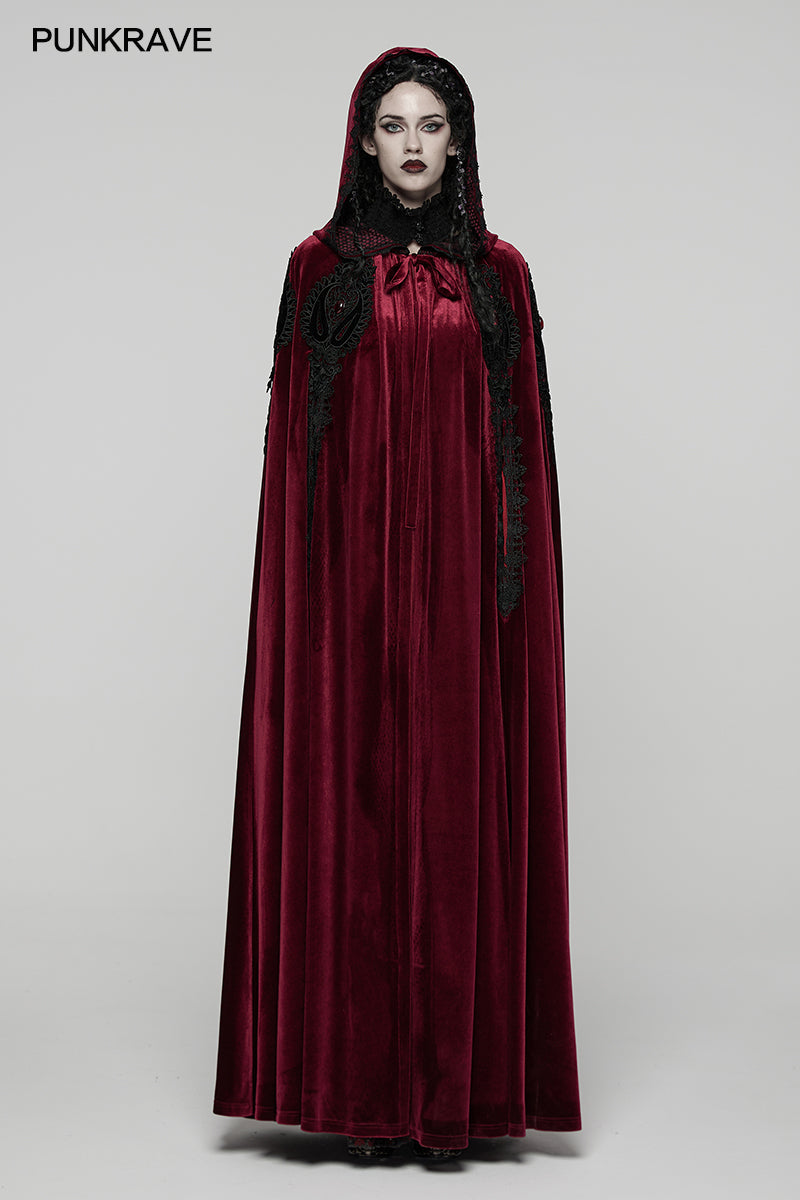 Punk Rave Seraphiel Gothic Velvet Cloak – Red Hooded Lace Cape
