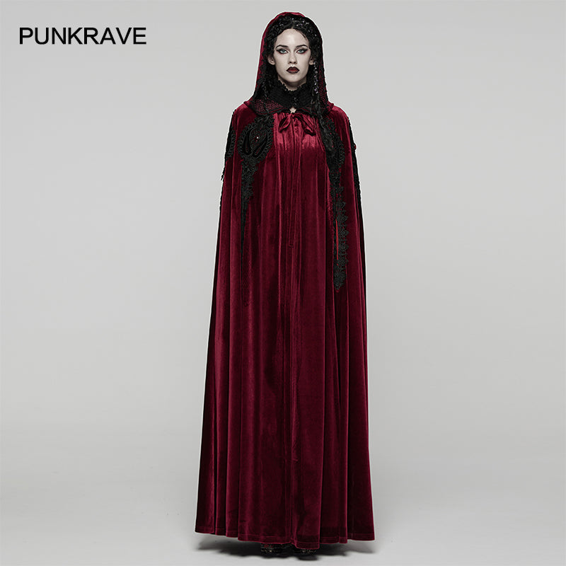 Punk Rave Seraphiel Gothic Velvet Cloak – Red Hooded Lace Cape
