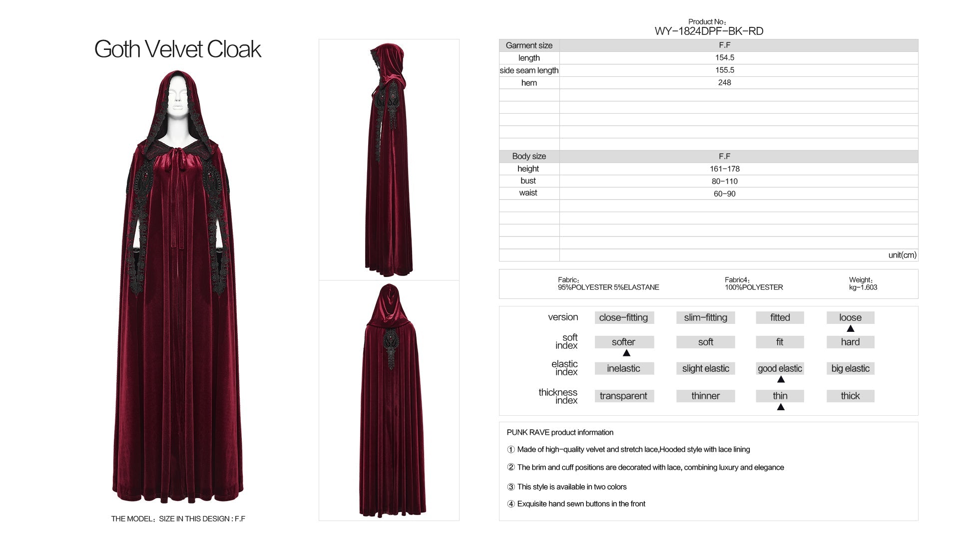 Punk Rave Seraphiel Gothic Velvet Cloak – Red Hooded Lace Cape