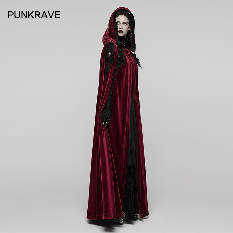 Punk Rave Seraphiel Gothic Velvet Cloak – Red Hooded Lace Cape