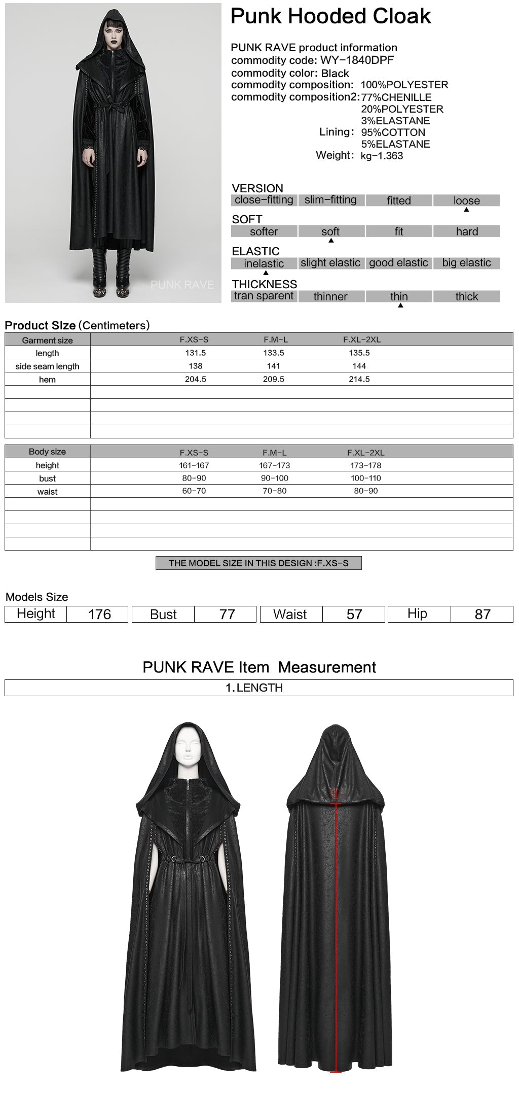 Punk Rave Gothic Hooded Cloak – Full-Length Jacquard & Faux Leather