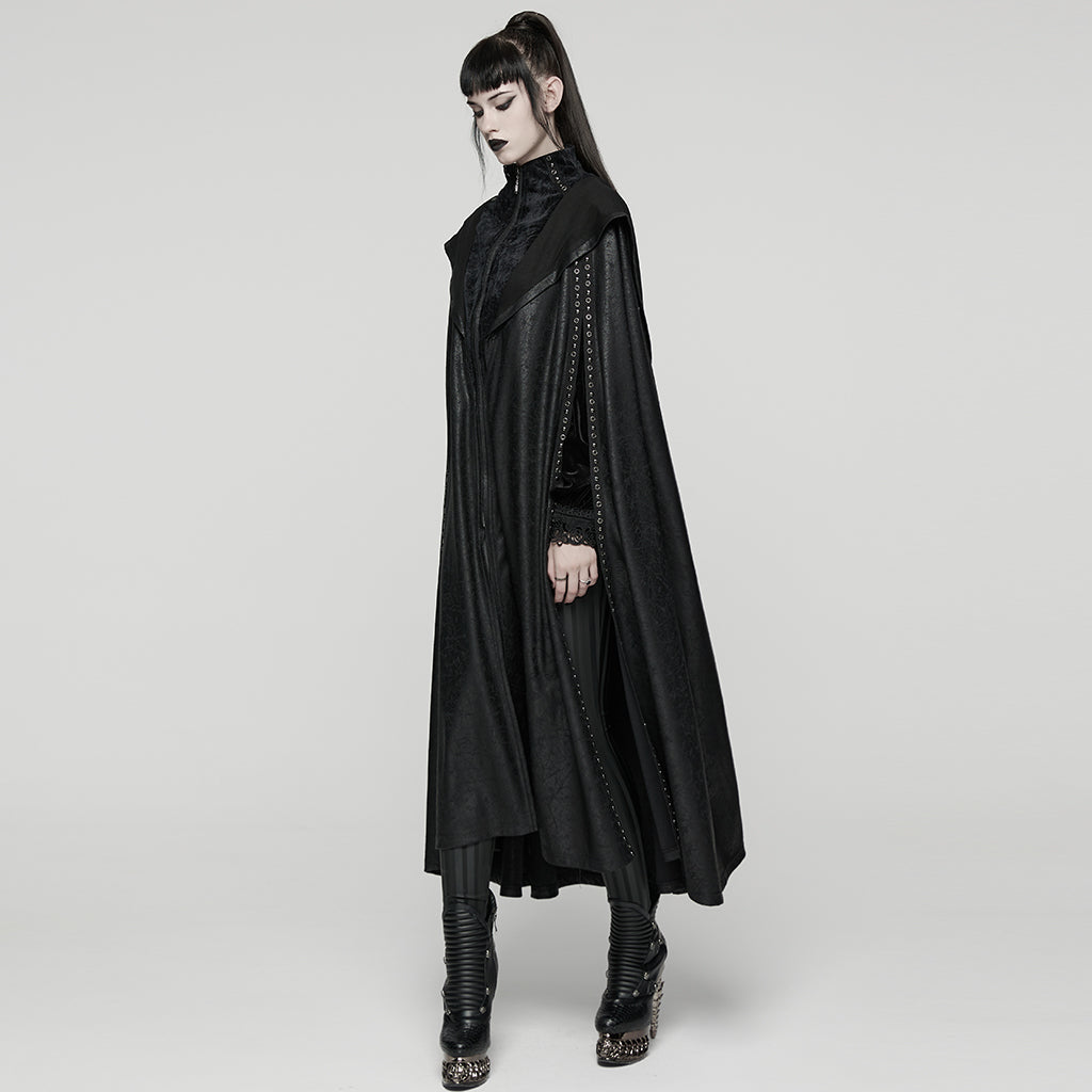 Punk Rave Gothic Hooded Cloak – Full-Length Jacquard & Faux Leather