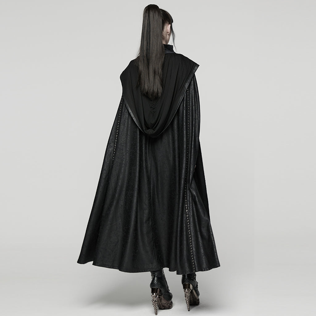 Punk Rave Gothic Hooded Cloak – Full-Length Jacquard & Faux Leather