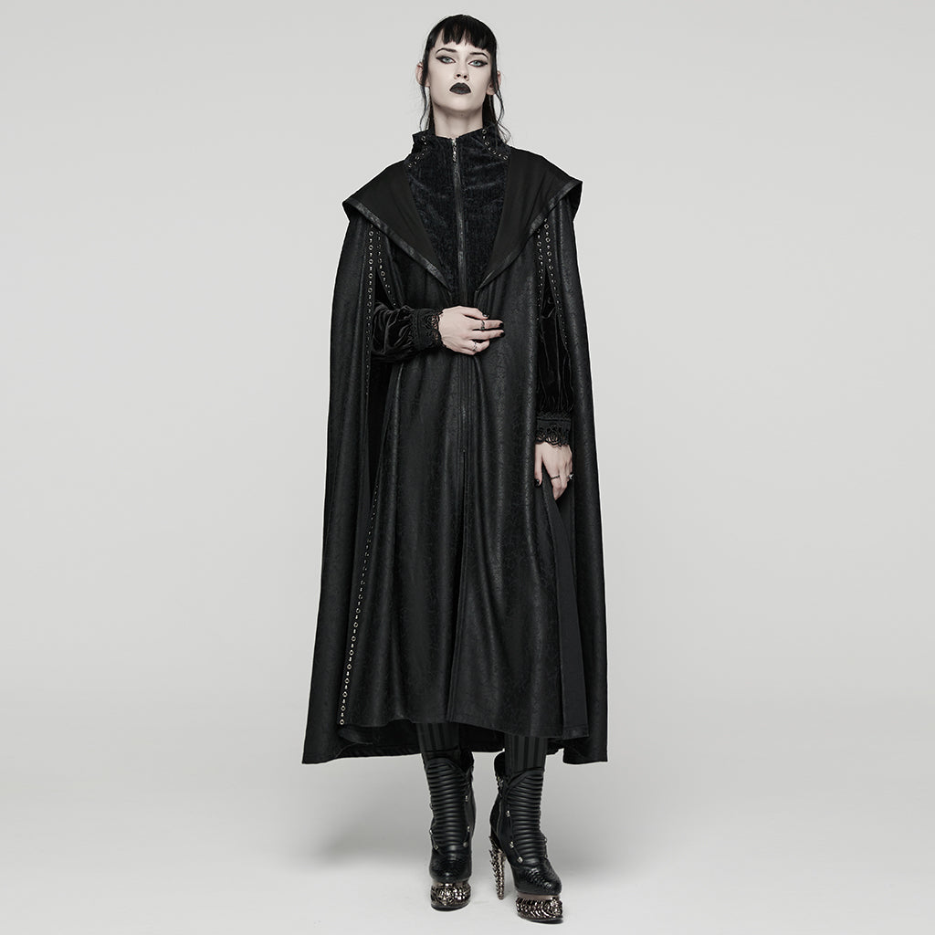 Punk Rave Gothic Hooded Cloak – Full-Length Jacquard & Faux Leather
