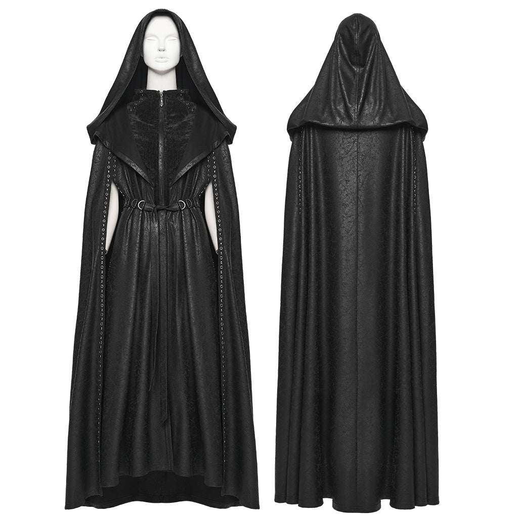 Punk Rave Gothic Hooded Cloak – Full-Length Jacquard & Faux Leather