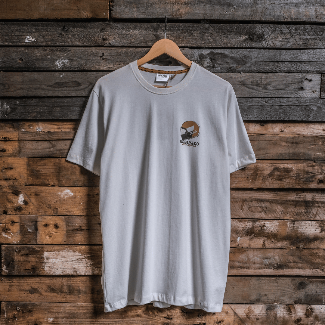 Uggly and Co Helmet Graphic Tee – White Heavyweight Cotton Moto Shirt