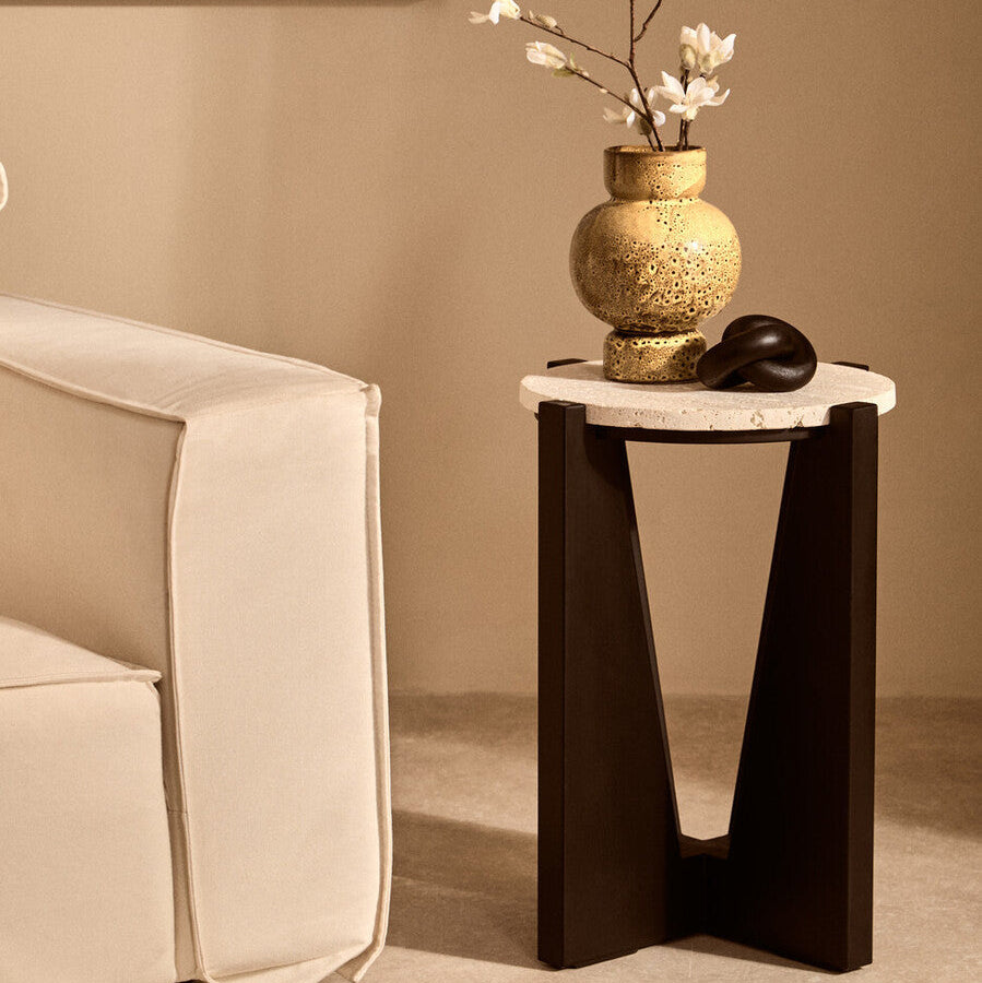 Orsina Walton Cream Travertine Side Table | Brown Acacia Wood Frame