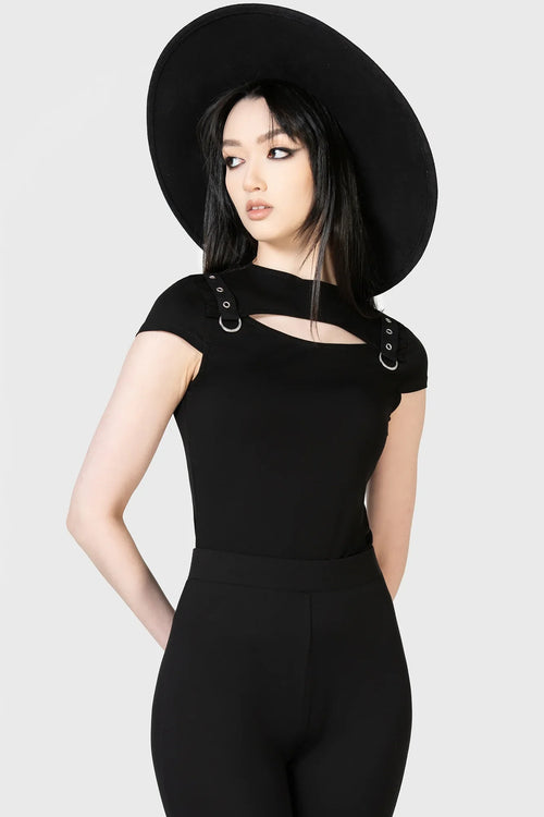 Killstar Xara Gothic Top – Black Jersey Keyhole Shirt with D-Rings