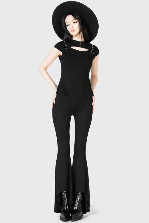 Killstar Xara Gothic Top – Black Jersey Keyhole Shirt with D-Rings