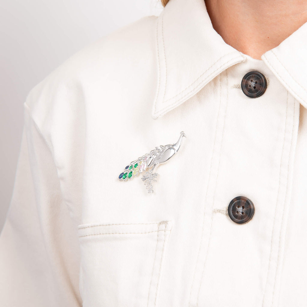 Laura Ashley Belvedere Peacock Brooch – Silver Plated Crystal Pin