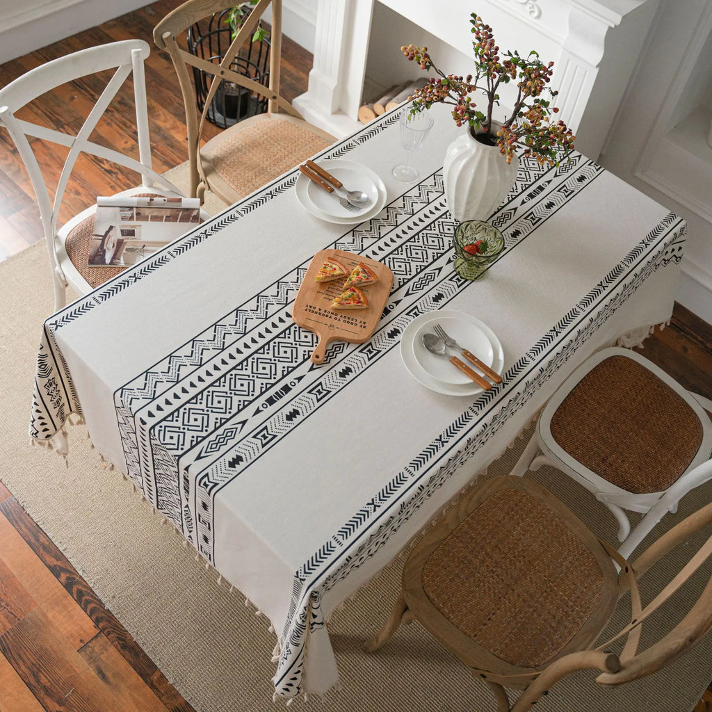 Geometric Black Tassel Waterproof Rectangular Tablecloth
