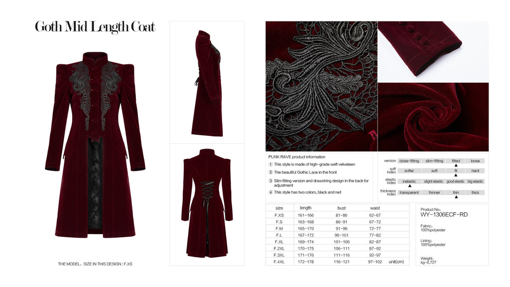 Punk Rave Nerezza Red Goth Velvet Coat – Embroidered Mid-Length