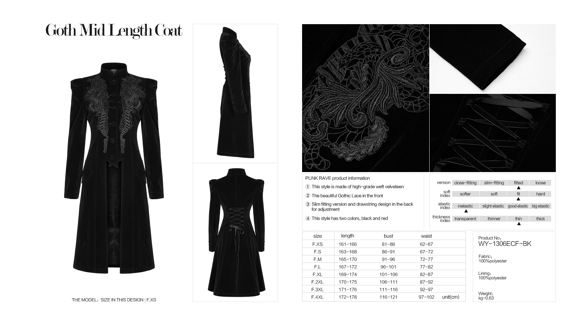 Punk Rave Nerezza Goth Embroidered Velvet Mid-Length Coat