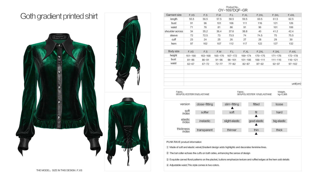 Punk Rave Fawn Gradient Printed Velvet Shirt in Green | Bat Collar