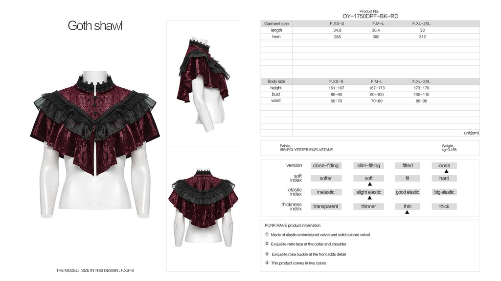 Punk Rave Elysia Velvet Ruffle Goth Shawl – Crimson Red & Black