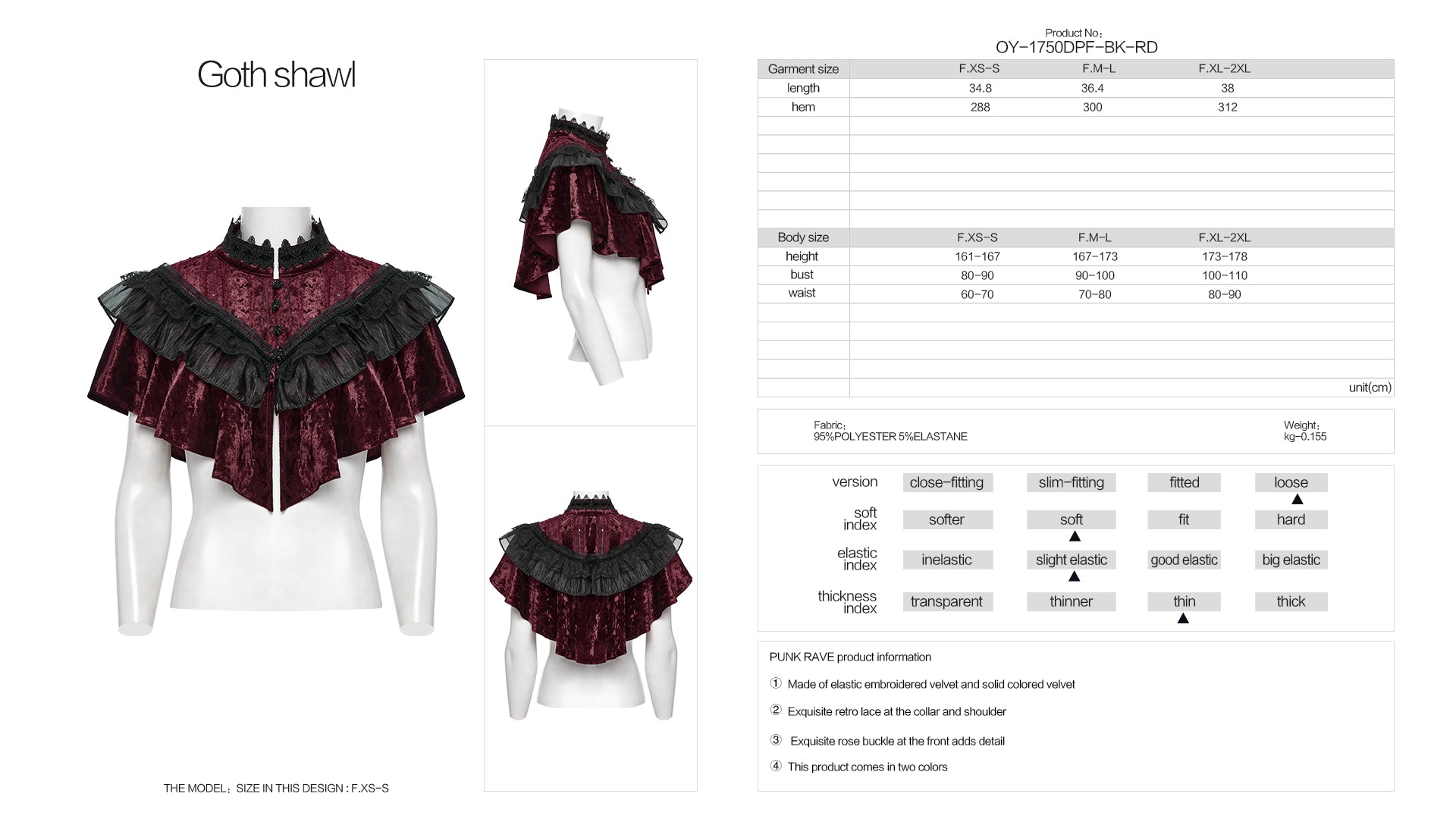 Punk Rave Elysia Velvet Ruffle Goth Shawl – Crimson Red & Black
