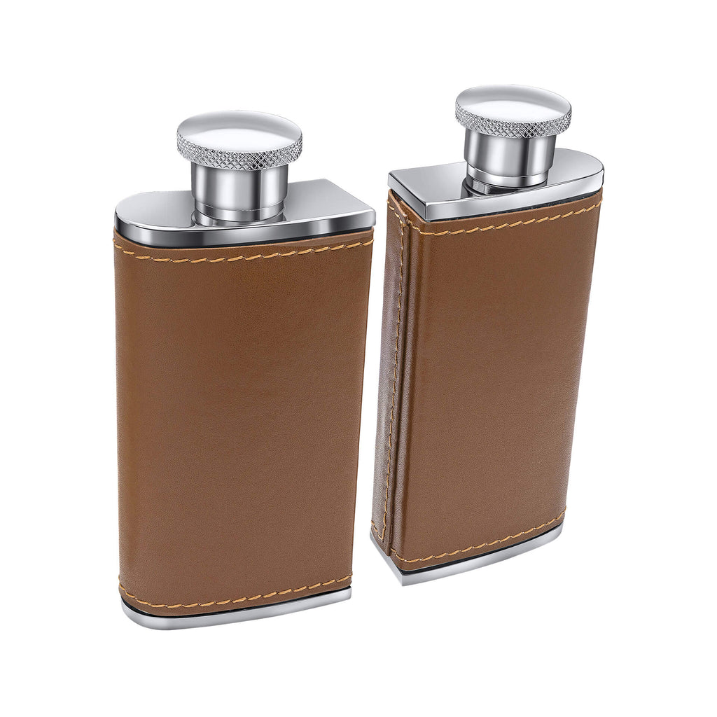 Gecko Jewellery Twin 3oz Brown Leather Hip Flasks with Case Set