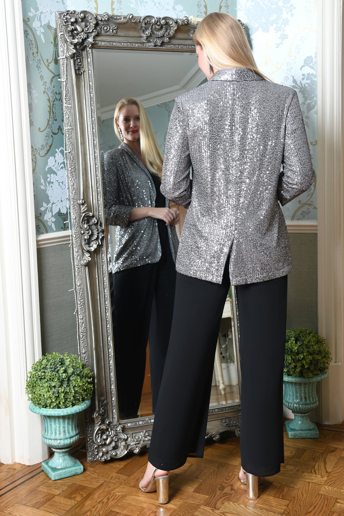 Silver Sequin Blazer With Pockets